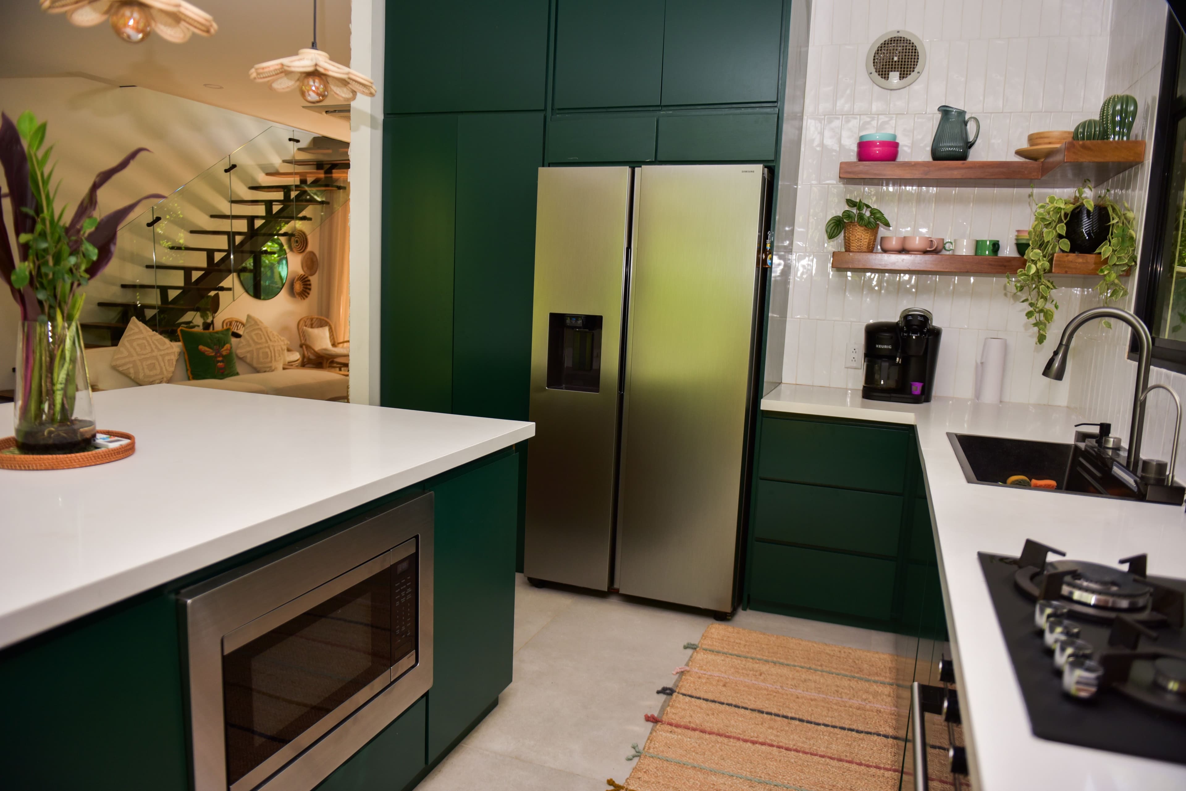 Kitchen appliances, shelves, and counter details