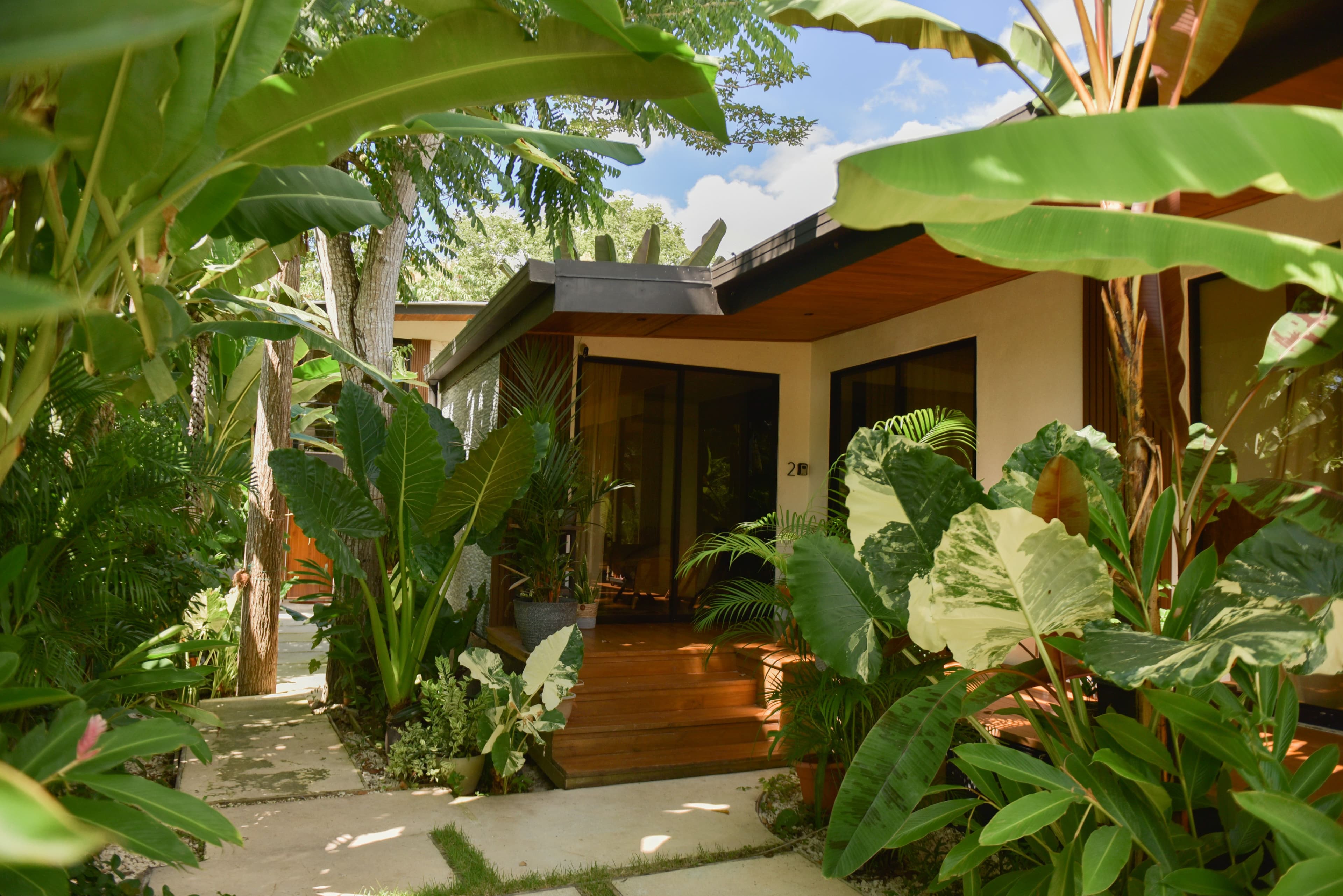 Front exterior of Riu House with tropical landscaping