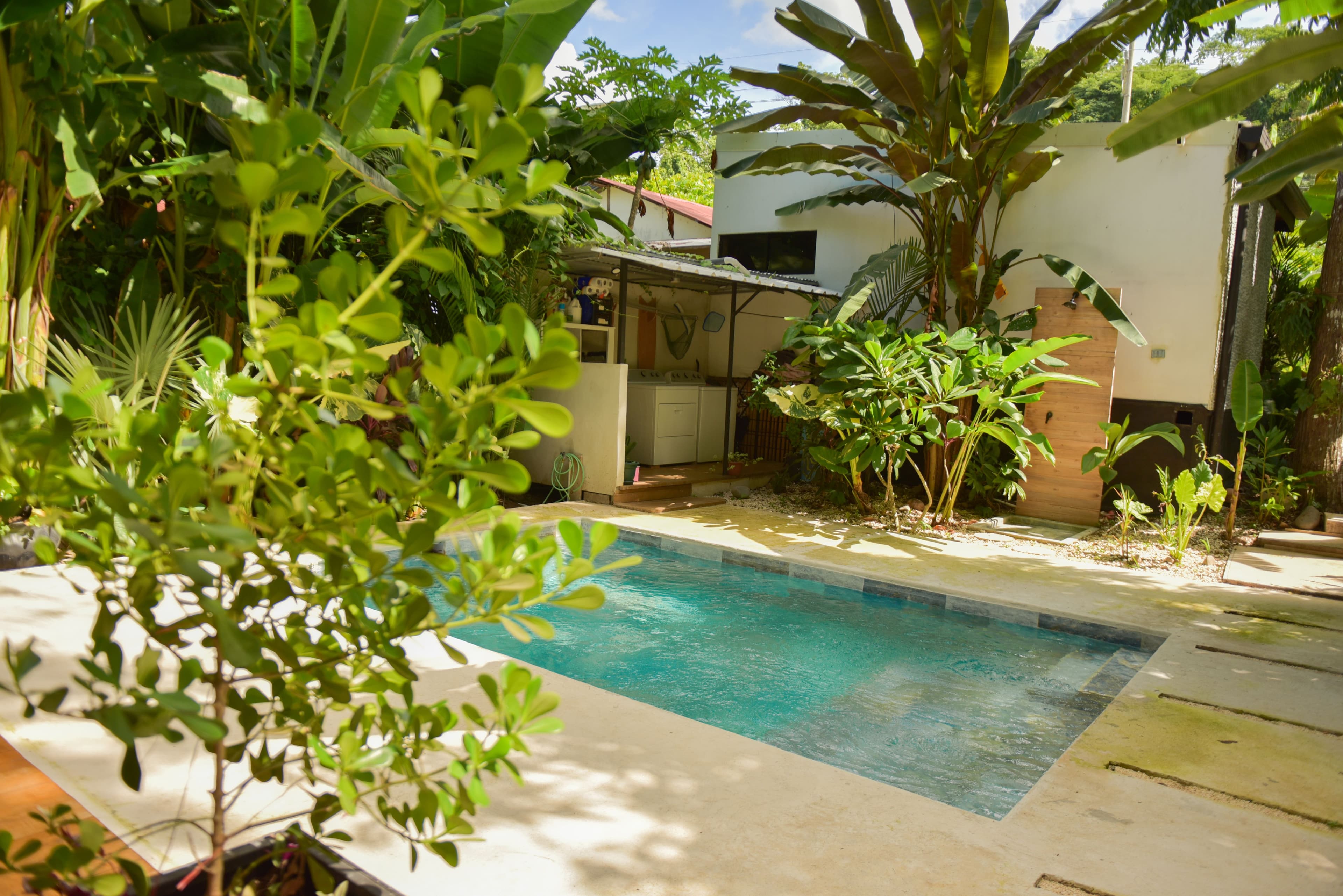 Pool area with covered terrace beside the swimming pool